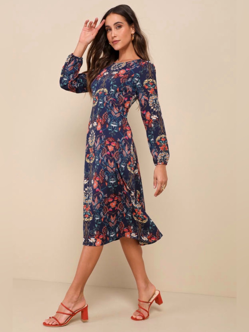 Madeline Navy Floral Printed Midi Dress in Large - Fall Dresses